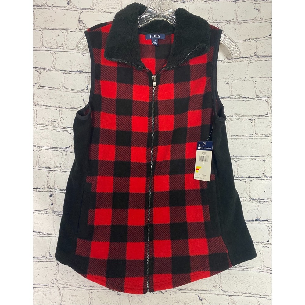 NWT Chaps Womens Vest Large Red Black Buffalo Plaid Faux Sherpa Fleece Collar